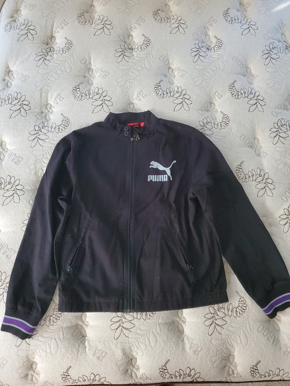 Puma Black Logo Zip-Up Bomber Jacket with Purple Trim